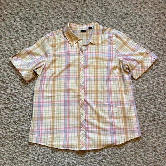 Basic Editions shirt button up short sleeve plaid yellow pink cotton women XL - Picture 6 of 8